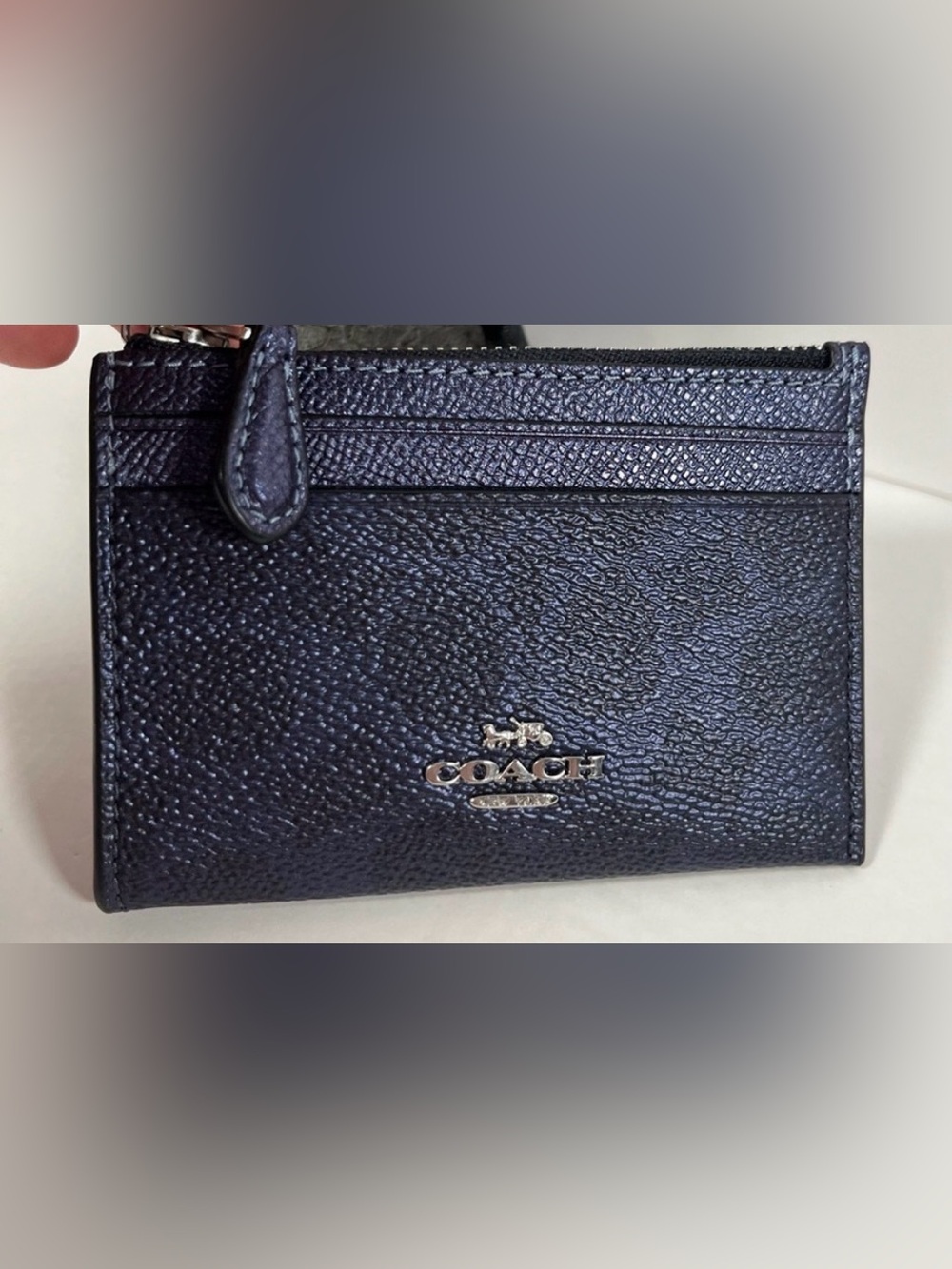 Coach CCS50 Signature ID Credit Card Metallic Key Card Wallet SV/Blue/Navy NWT